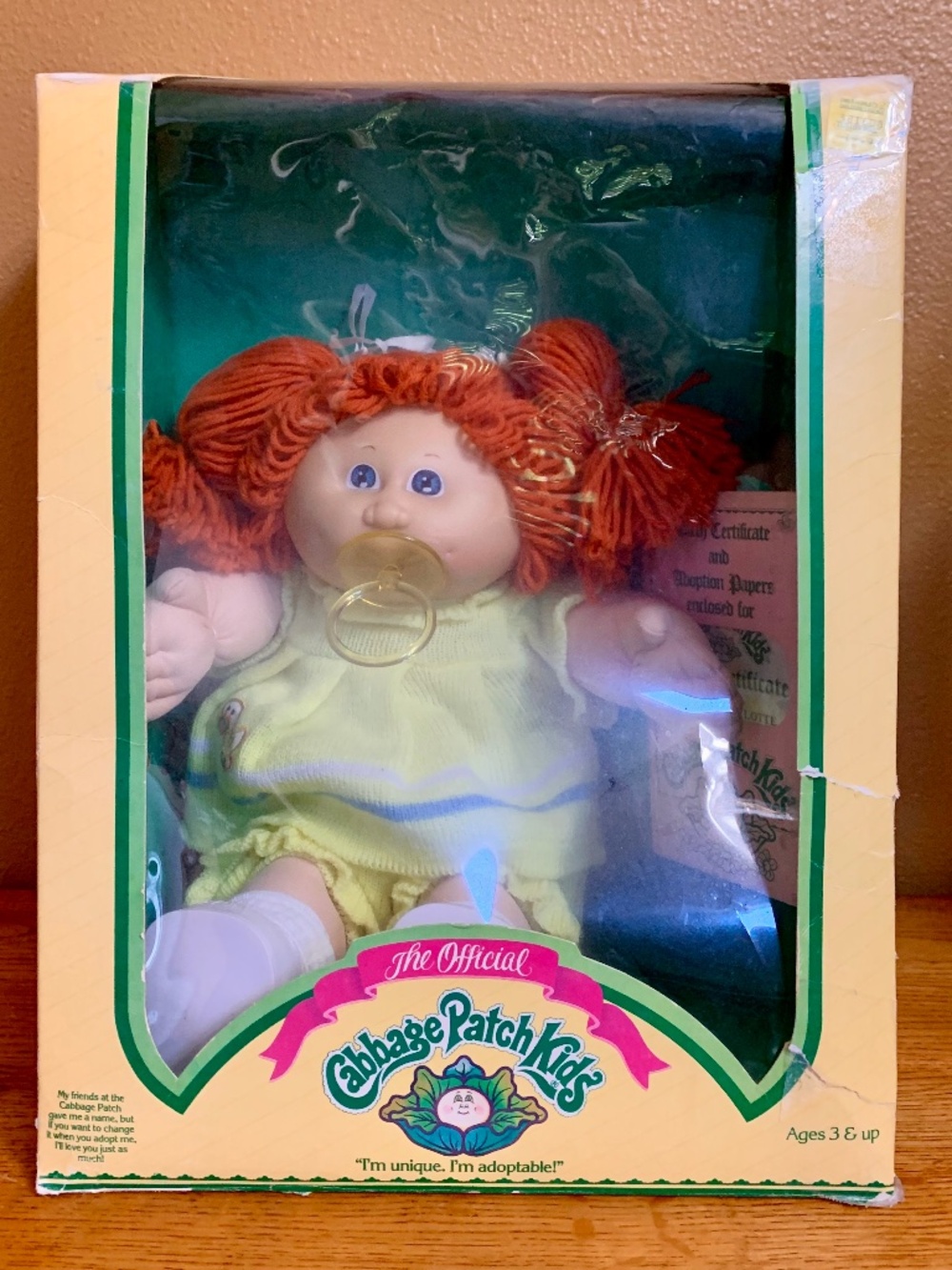 Vintage Cabbage Patch Kids Doll With Red Hair Pacifier In Box CARLINE KARLOTTE